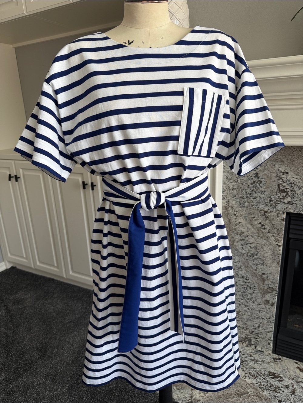 Lafayette 148  Blue & White Striped Belted Casual Dress